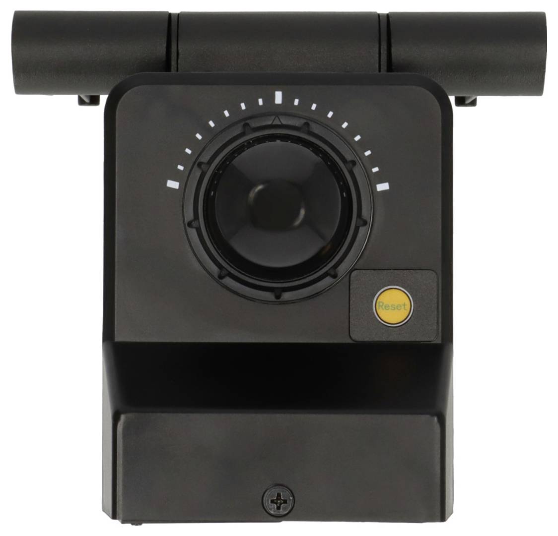 Un appareil électronique noir doté d'un cadran central entouré de repères blancs, avec un bouton jaune de 'Réinitialisation' situé sur le côté inférieur droit.