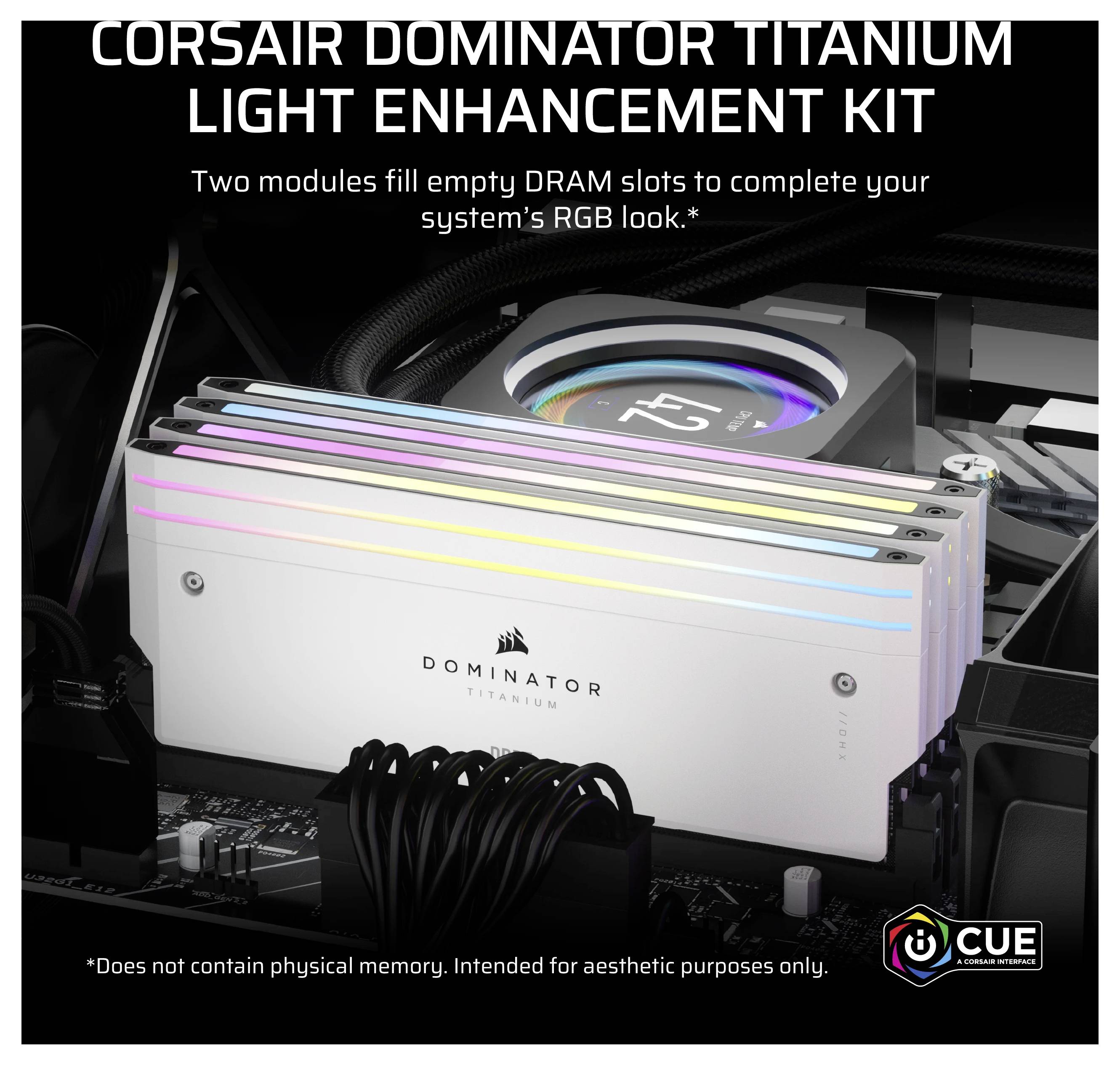 'Kit d'amélioration lumineuse Corsair Dominator Titanium : Deux modules pour remplir les emplacements DRAM vides et compléter l'esthétique RGB de votre système.'