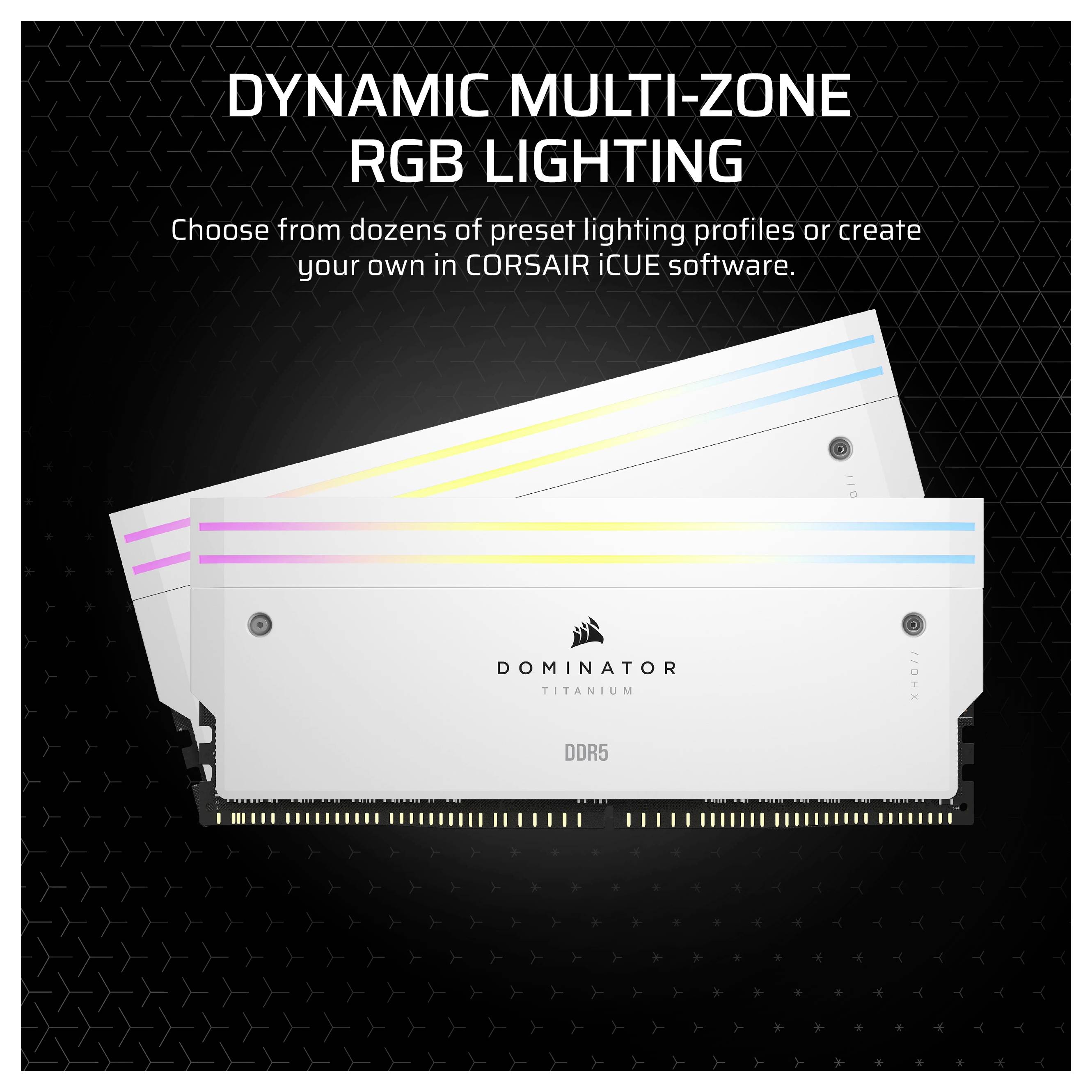 'Dominator Titanium DDR5 RAM avec éclairage RGB dynamique multi-zone, personnalisable via le logiciel CORSAIR iCUE ; comprend des fonctionnalités de mise en évidence de texte.'