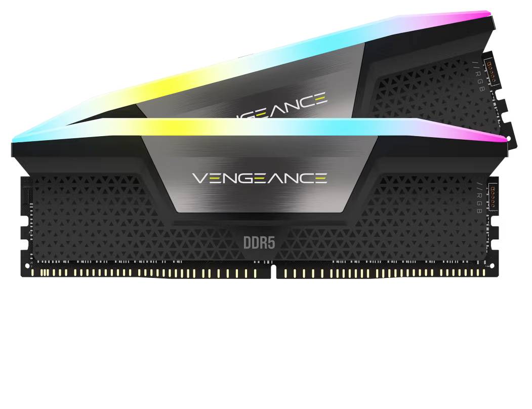 Barrettes de RAM étiquetées « Vengeance DDR5 » avec des barres d'éclairage RVB, présentant un design élégant pour l'informatique haute performance.