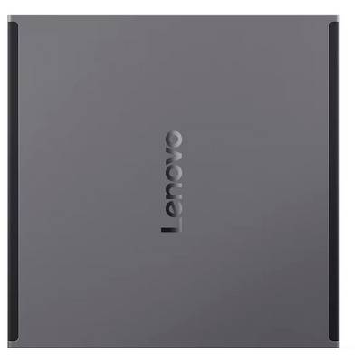L'image montre un ordinateur portable Lenovo fermé dans un coloris gris foncé élégant, avec le logo Lenovo sur le couvercle, présentant un design minimaliste.