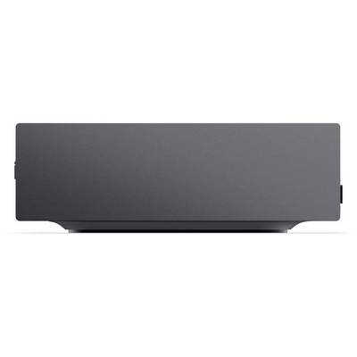Un appareil électronique noir, élégant et moderne, doté d'un panneau avant minimaliste sans aucune commande ni indicateur visible, suggérant un design simple et sophistiqué.