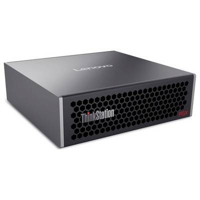 Une station de travail Lenovo ThinkStation PGX, un poste de travail compact noir avec une façade hexagonale ventilée, adapté aux tâches informatiques professionnelles.
