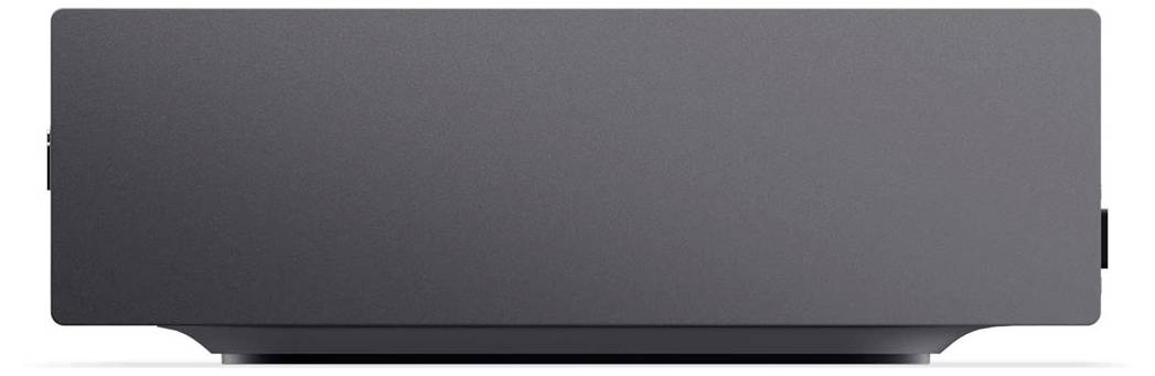 Un appareil électronique rectangulaire noir au design minimaliste, probablement un ordinateur ou une console, vu de face.