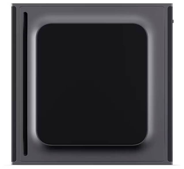 Un appareil électronique élégant, carré et noir au design moderne, présentant des bords lisses et une apparence minimaliste.