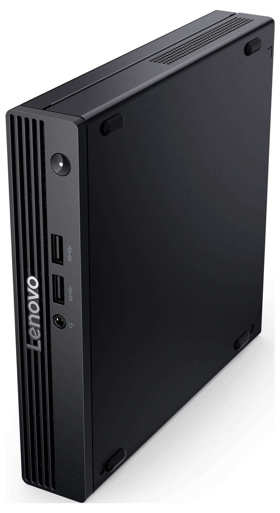 Ordinateur de bureau compact Lenovo ThinkCentre en noir, positionné verticalement. Doté de ports avant et d'un bouton d'alimentation, conçu pour une utilisation économe en espace.