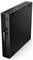 Ordinateur de bureau compact Lenovo ThinkCentre en noir, positionné verticalement. Doté de ports avant et d'un bouton d'alimentation, conçu pour une utilisation économe en espace.