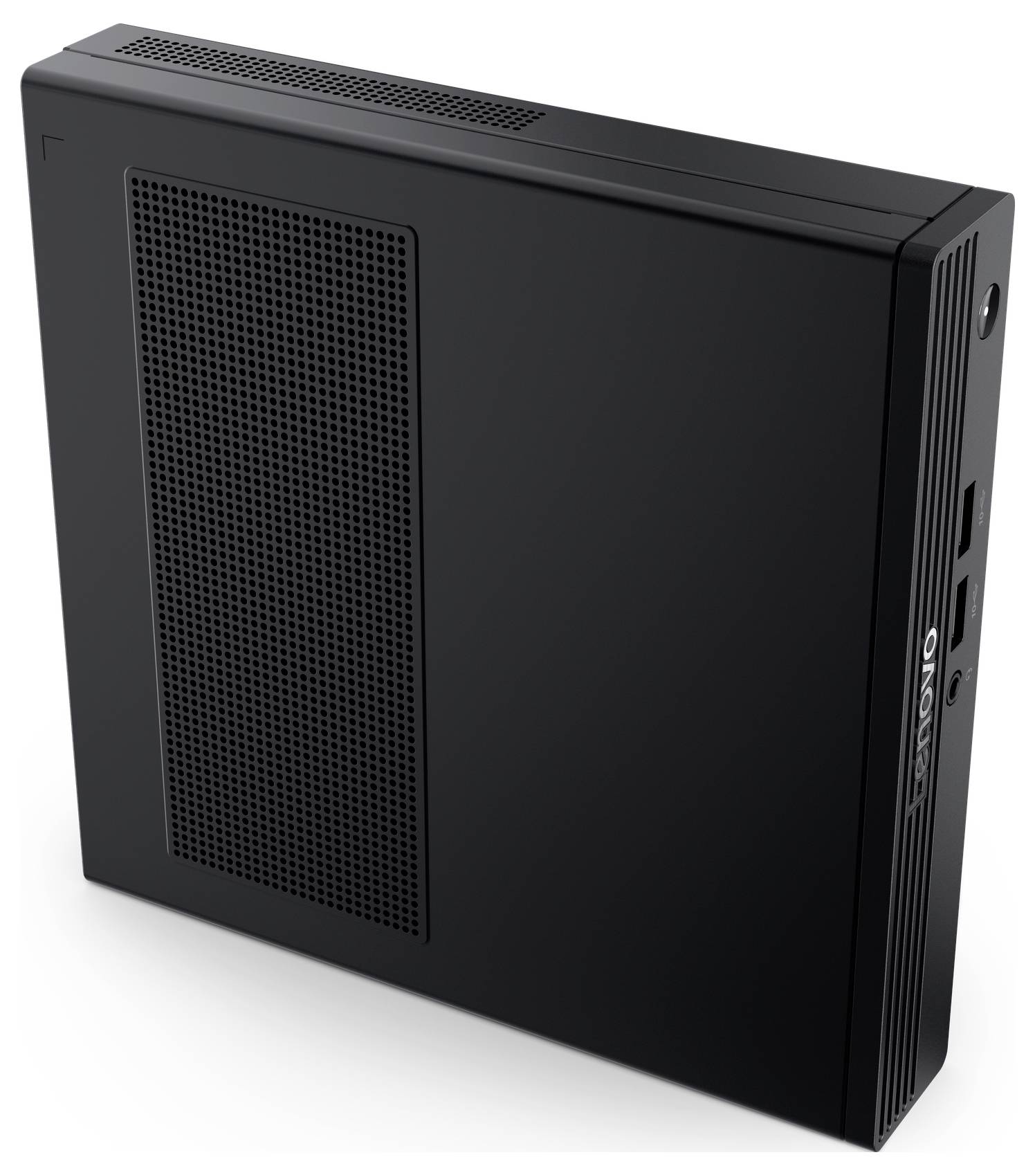 Un boîtier d'ordinateur de bureau élégant et noir, doté d'un panneau aéré et de plusieurs ports sur le côté, présentant un design minimaliste idéal pour les configurations modernes.