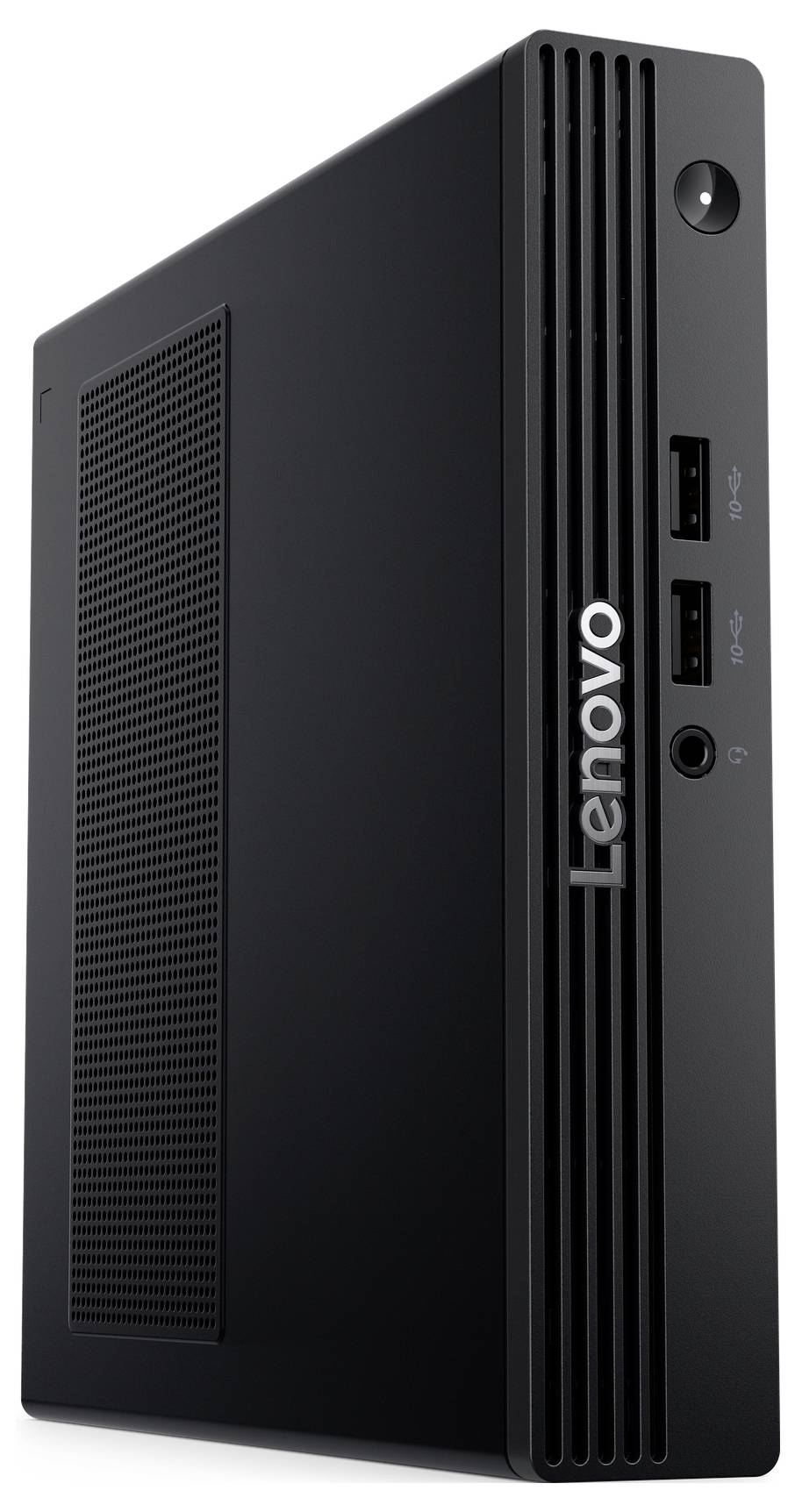 Un ordinateur de bureau noir Lenovo avec des ports USB et une prise casque sur le panneau avant, positionné verticalement.