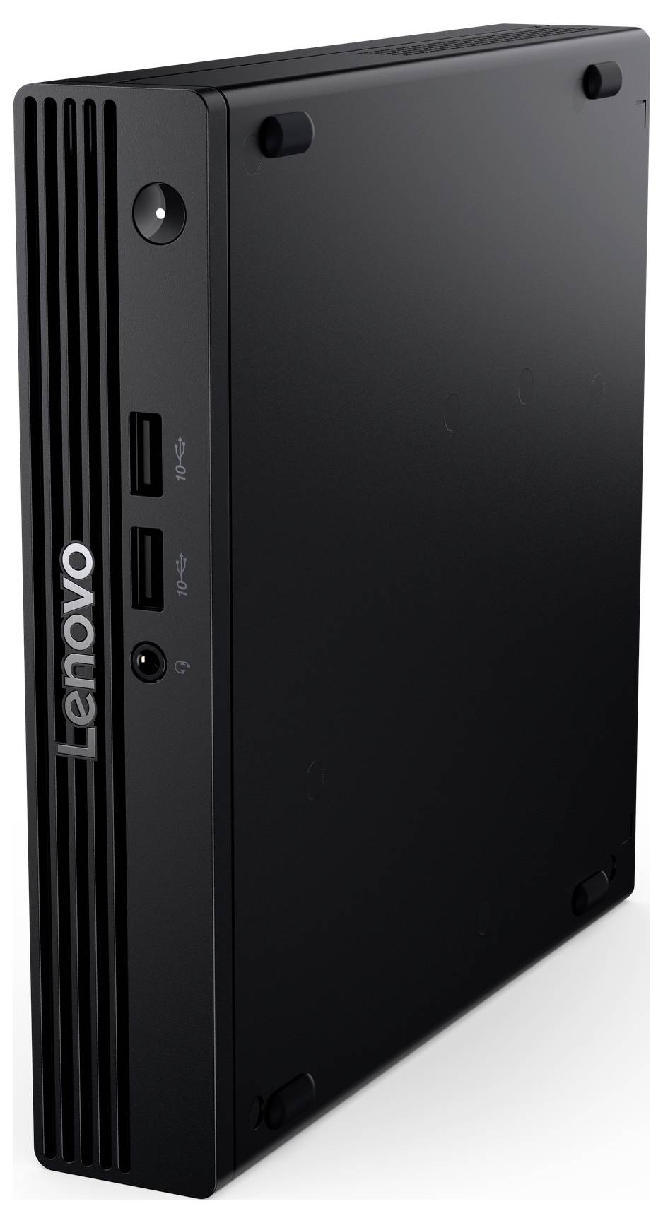 Un ordinateur de bureau Lenovo ThinkCentre noir et élancé est dressé verticalement, avec plusieurs ports USB et une prise casque visibles sur le côté.