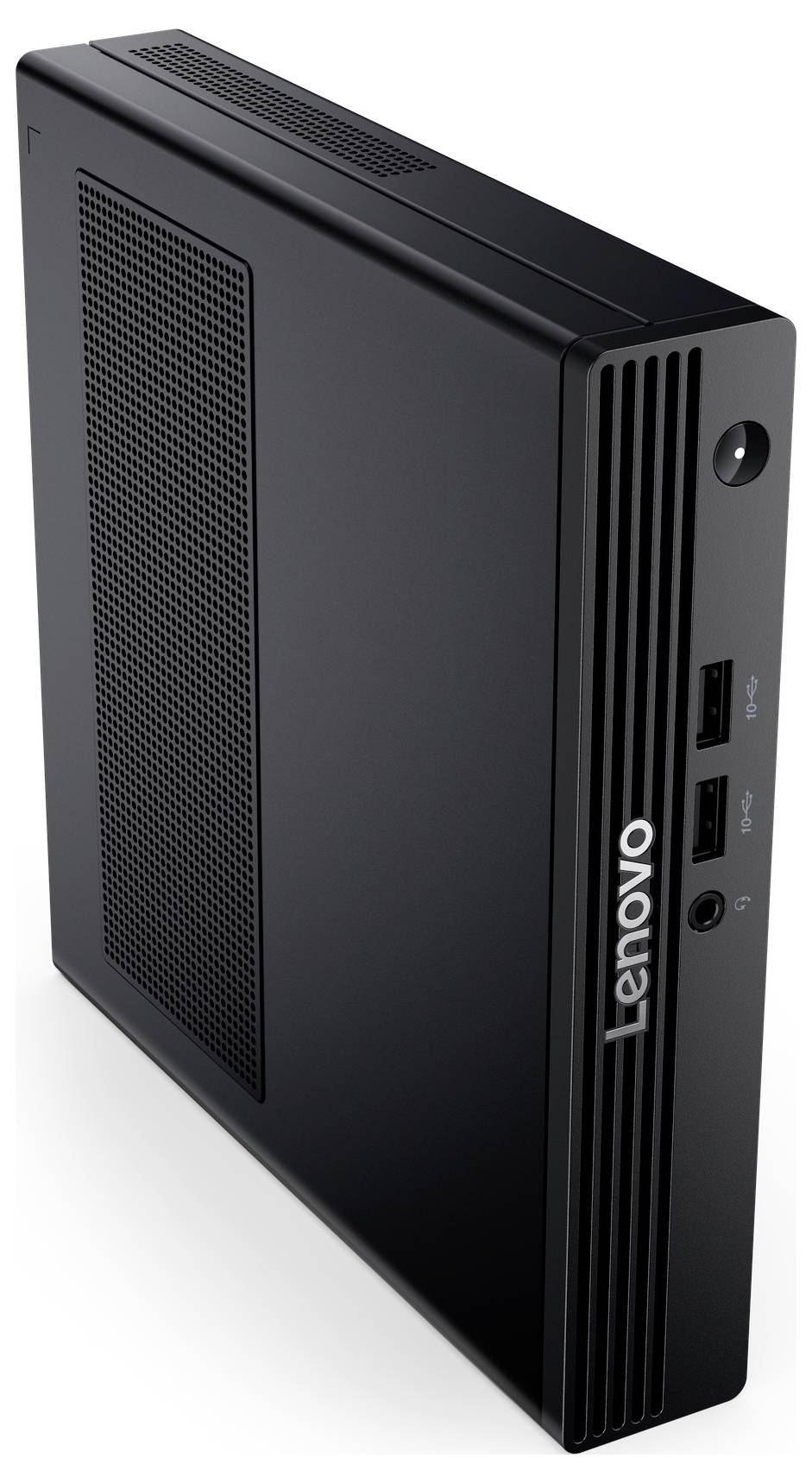 Ordinateur de bureau miniature noir de marque 'Lenovo', doté de plusieurs ports USB à l'avant, posé verticalement sur son côté.