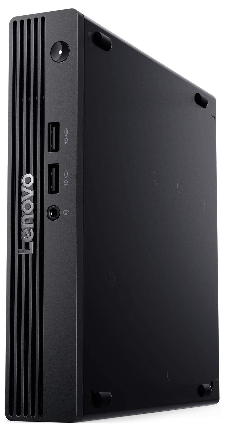 « Un mini PC tour Lenovo ThinkCentre noir avec un design vertical, présentant des ports USB et un bouton d'alimentation sur le panneau avant. »