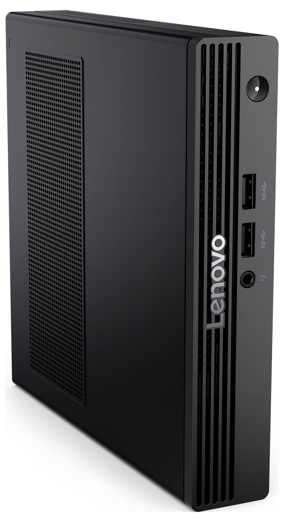 Un ordinateur de bureau Lenovo mince et vertical doté de plusieurs ports USB et d'ouvertures de ventilation, adapté aux espaces de bureau compacts.