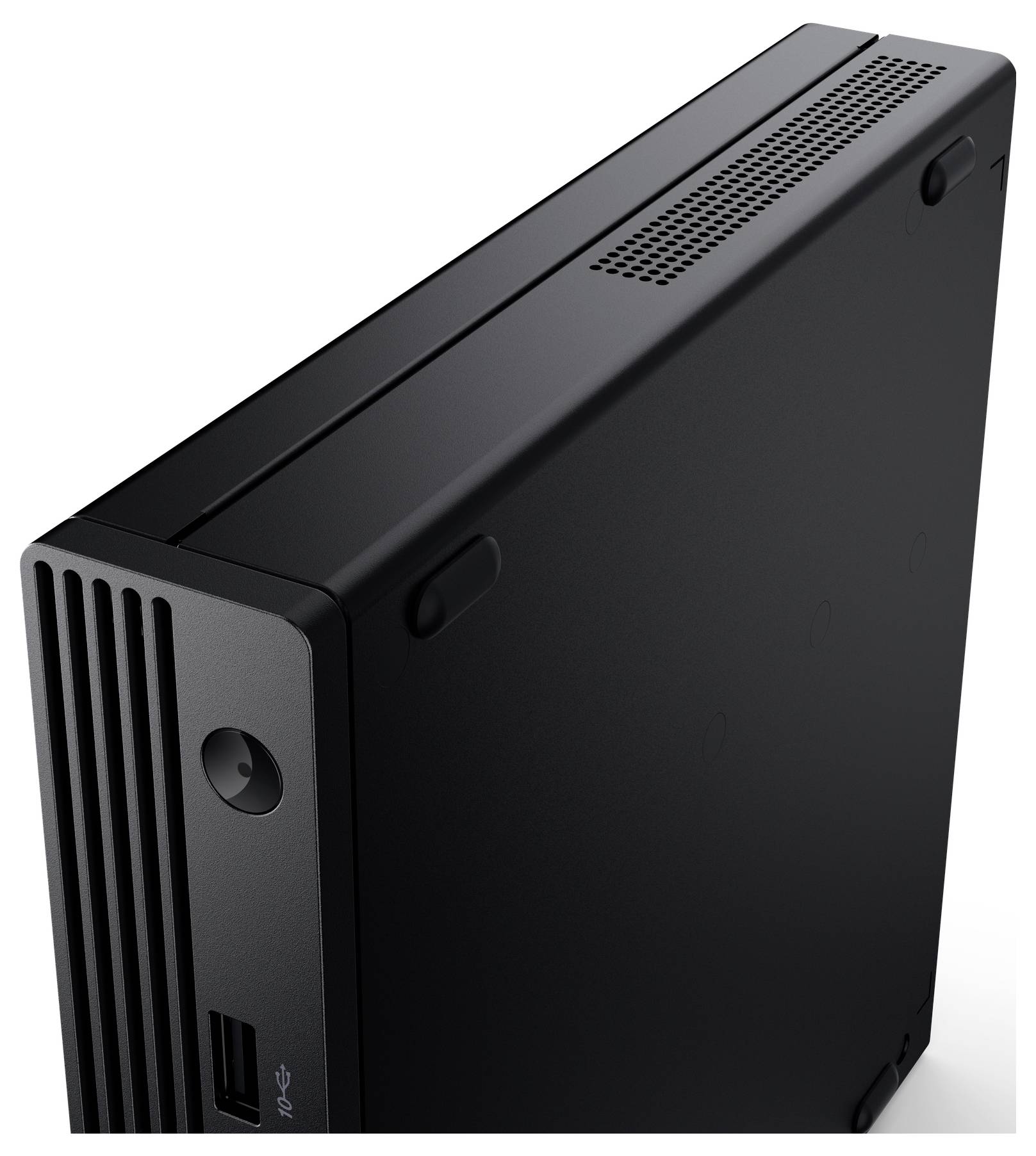 Une tour d'ordinateur noire présentée depuis une vue du dessus en angle, avec un design minimaliste comprenant une grille de ventilation et des ports USB sur le panneau avant.