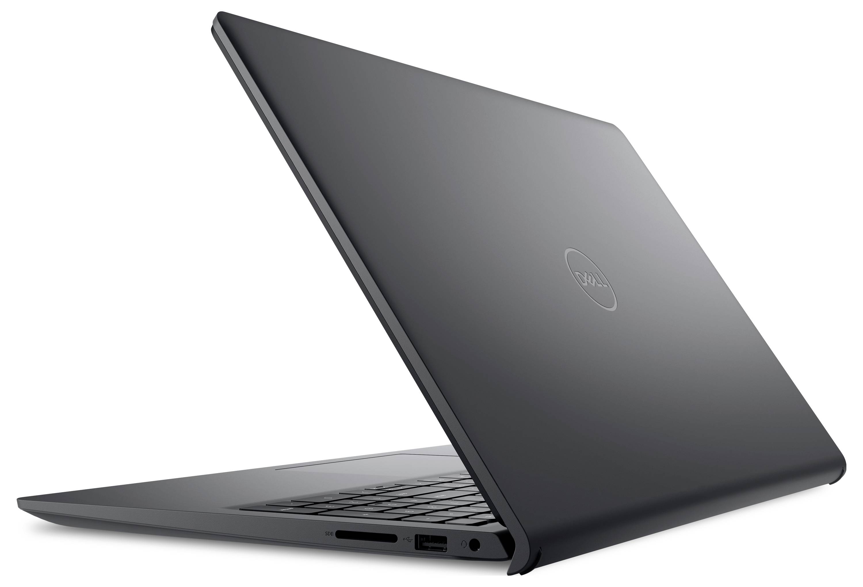 Un ordinateur portable noir élégant, légèrement ouvert, vu de profil, mettant en valeur son design fin et sa construction moderne.