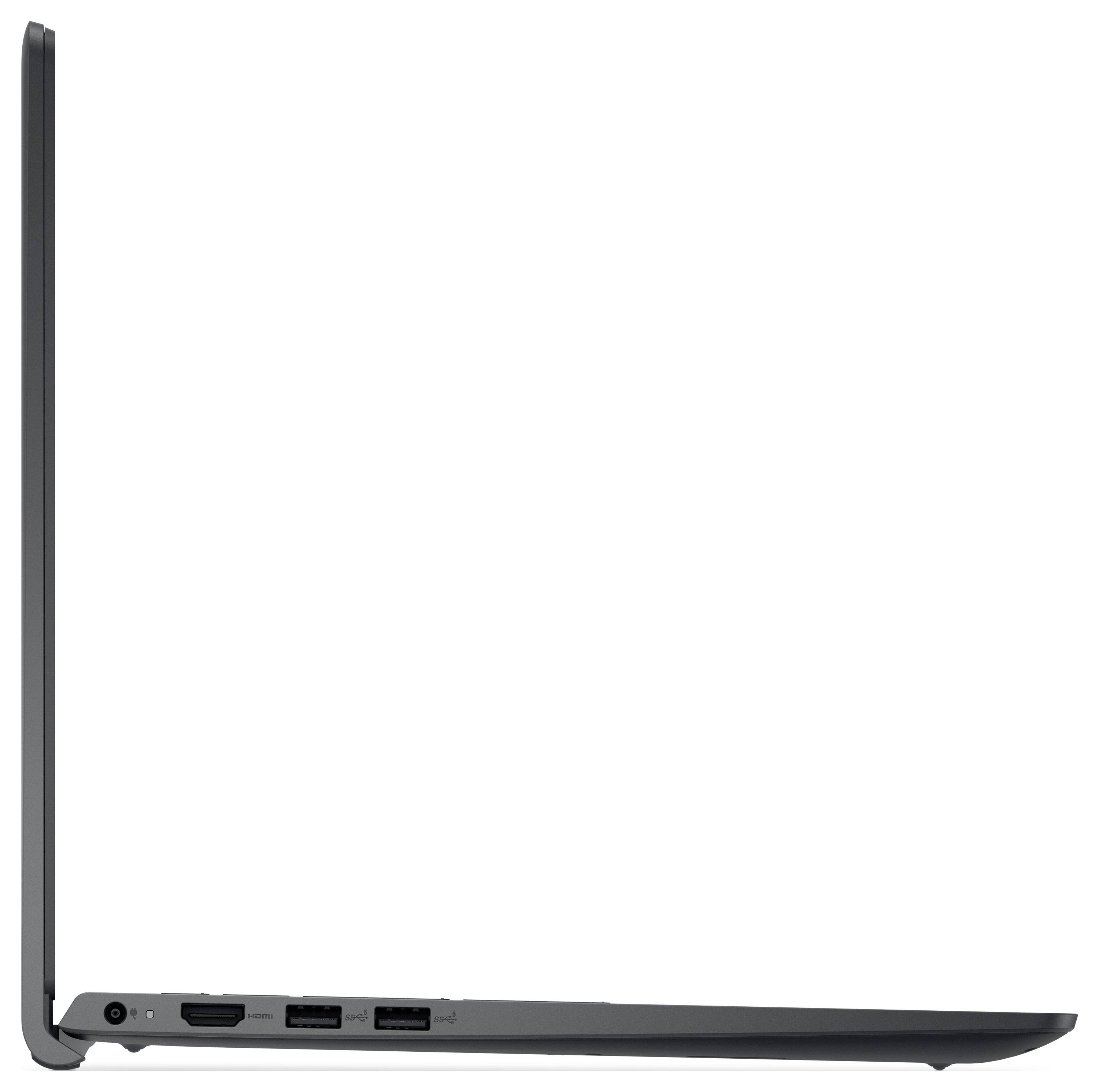 Une vue latérale d'un ordinateur portable fin, partiellement ouvert, avec des ports USB visibles sur le côté gauche, sur un fond blanc uni.
