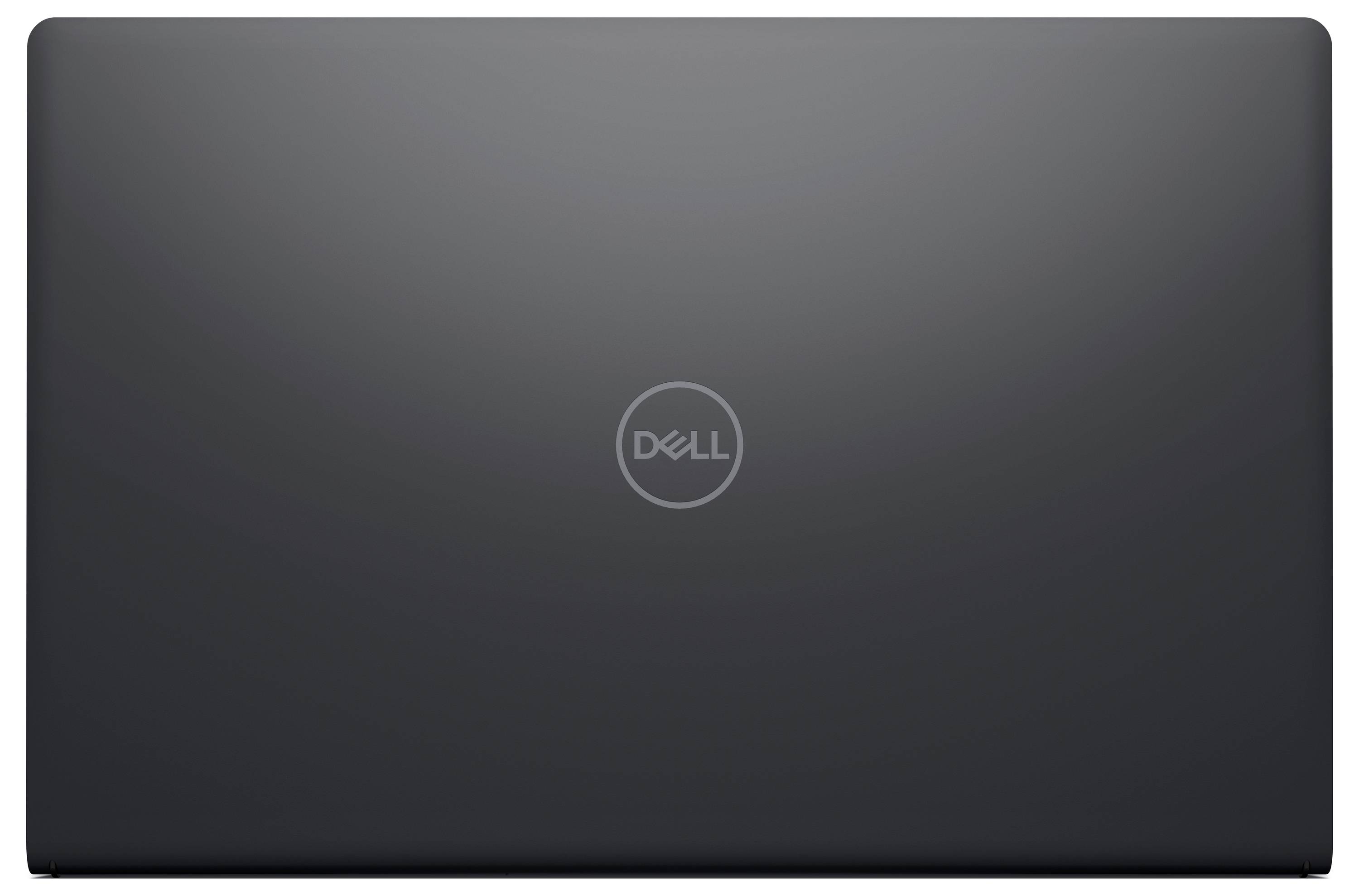 Ordinateur portable Dell fermé, vue de dessus, montrant le logo Dell centré sur une finition noir mat.