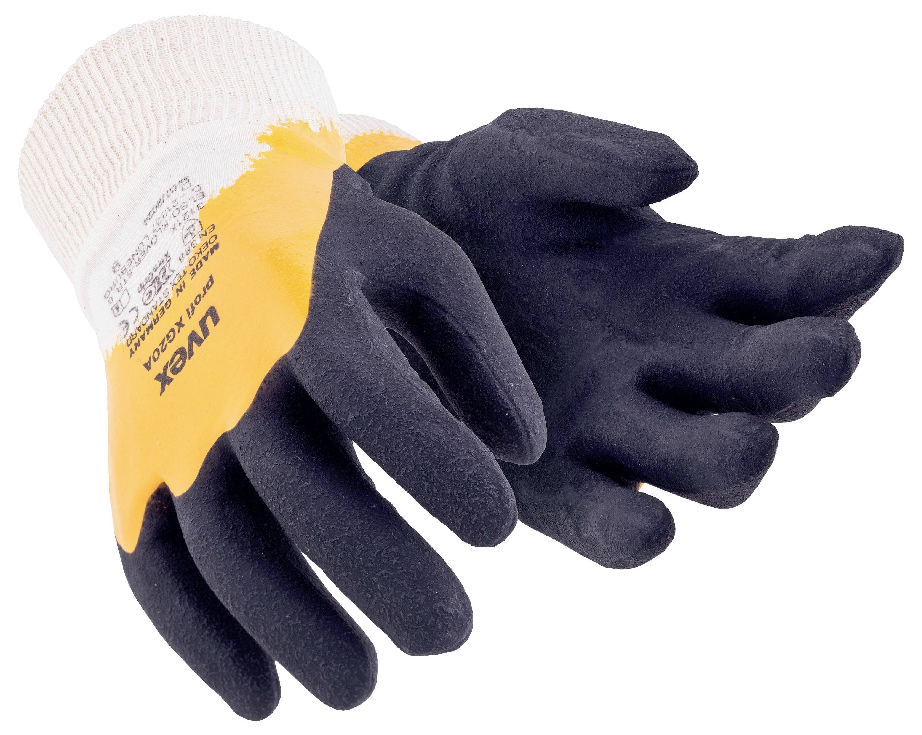 «Une paire de gants de travail avec des paumes en caoutchouc noir et des dos orange, conçus pour un usage industriel, présentés sur un fond blanc.»