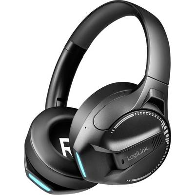 Casque noir à écouteurs circumauraux portant le nom 'LogiLink' sur le côté, avec des éclairages d'accentuation bleus sur les écouteurs.
