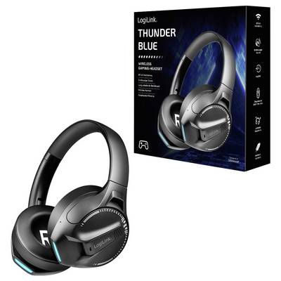 Un casque de jeu sans fil à côté de son emballage. La boîte indique « LogiLink Thunder Blue », mettant en avant des fonctionnalités comme le Bluetooth et l'éclairage LED.