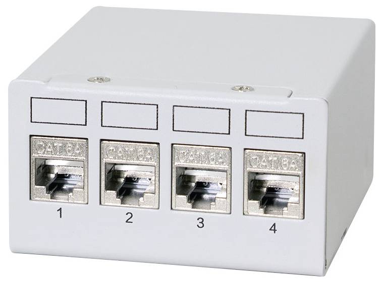 Boîte de télécommunication avec quatre ports étiquetés, numérotés de un à quatre, utilisée pour organiser les câbles réseau.