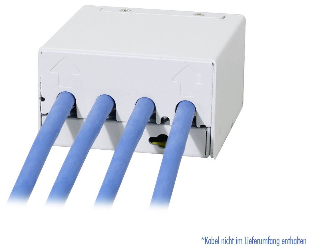 Une boîte de jonction blanche avec quatre câbles bleus insérés, indiquant une utilisation pour la gestion des câbles. Remarque : 'Kabel nicht im Lieferumfang enthalten' signifie que les câbles ne sont pas inclus.
