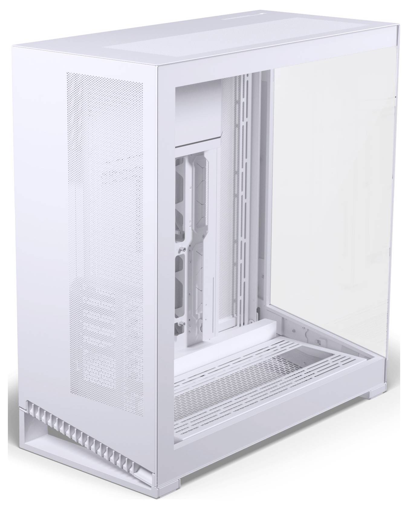 Boîtier d'ordinateur blanc avec un panneau latéral transparent, présentant un intérieur vide avec des emplacements prévus pour les composants.