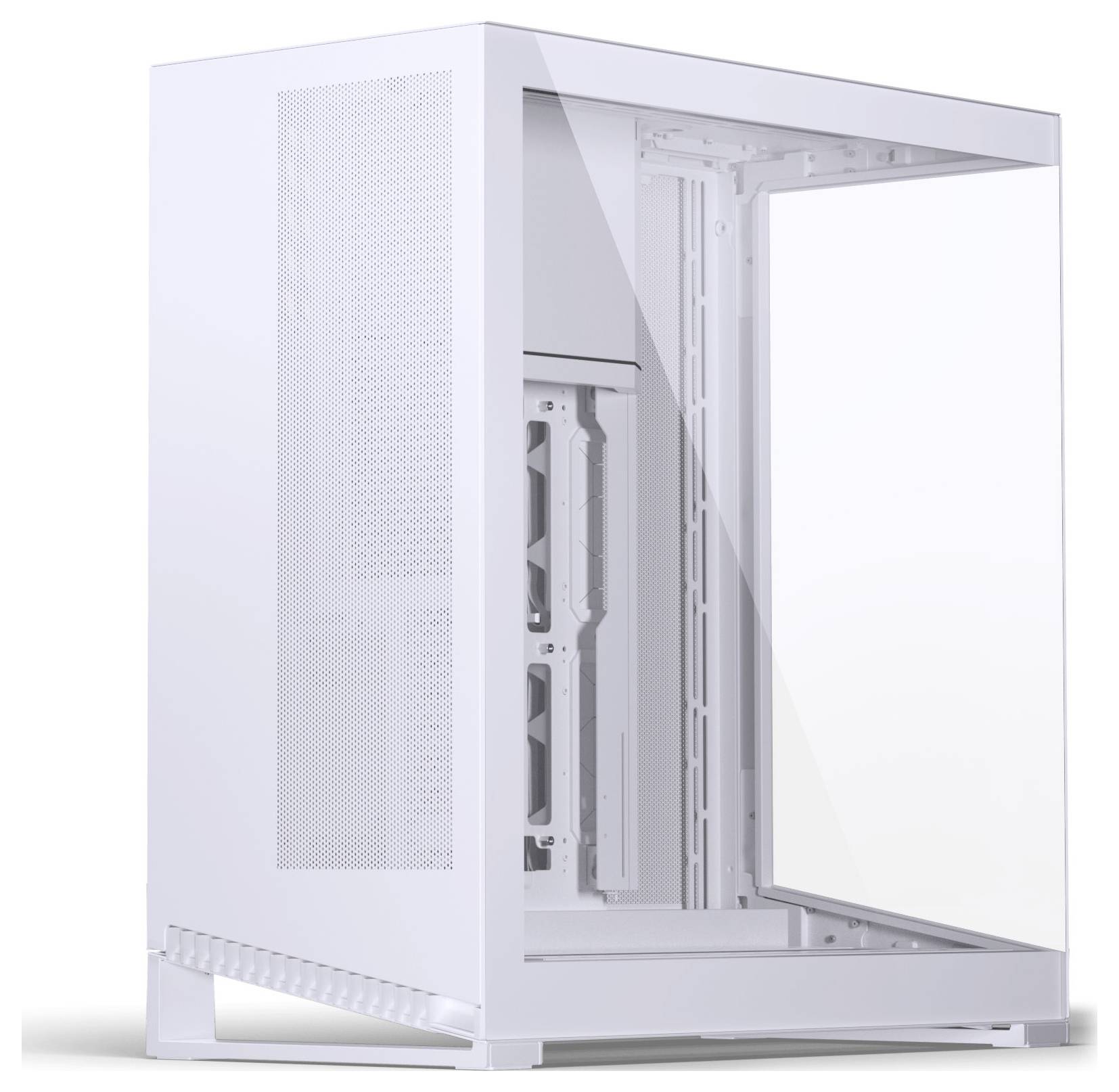 Boîtier d'ordinateur blanc avec panneau latéral transparent, mettant en valeur l'espace intérieur pour les composants. Grilles de ventilation sur le côté pour assurer la circulation de l'air.