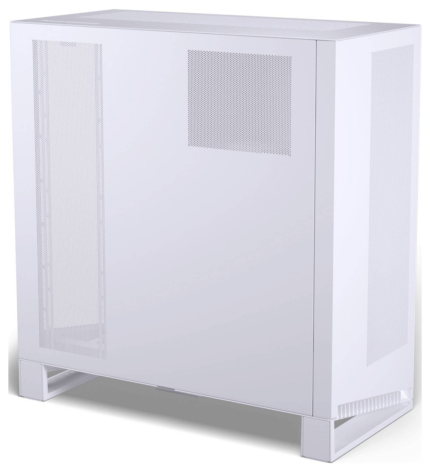 Un boîtier d'ordinateur blanc, minimaliste, avec un panneau latéral perforé pour la circulation de l'air, posé verticalement sur une surface plane.