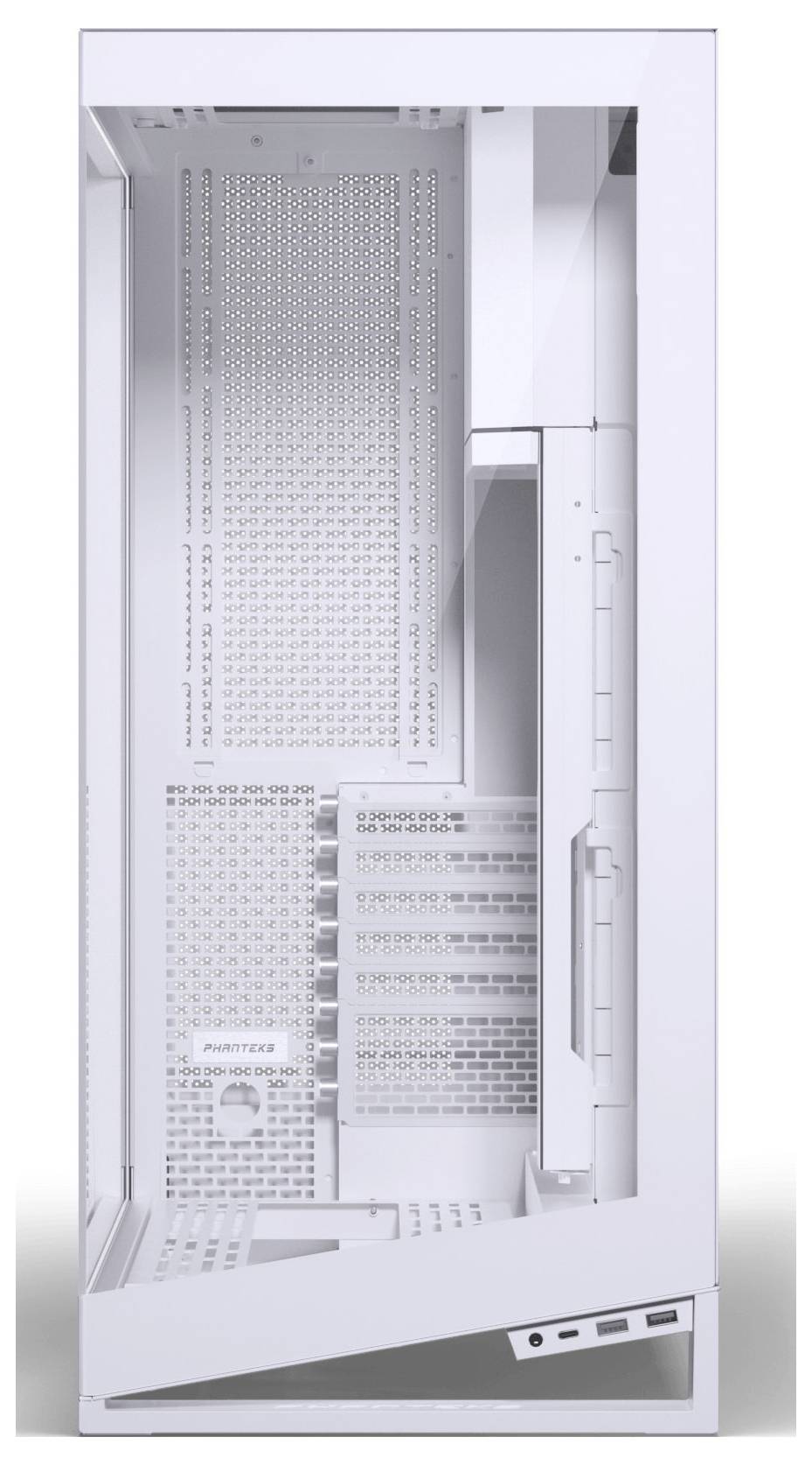 Boîtier d'ordinateur blanc, vue verticale, mettant en valeur un design intérieur perforé pour la circulation d'air, avec plusieurs emplacements pour l'installation de composants matériels, et esthétique minimaliste.
