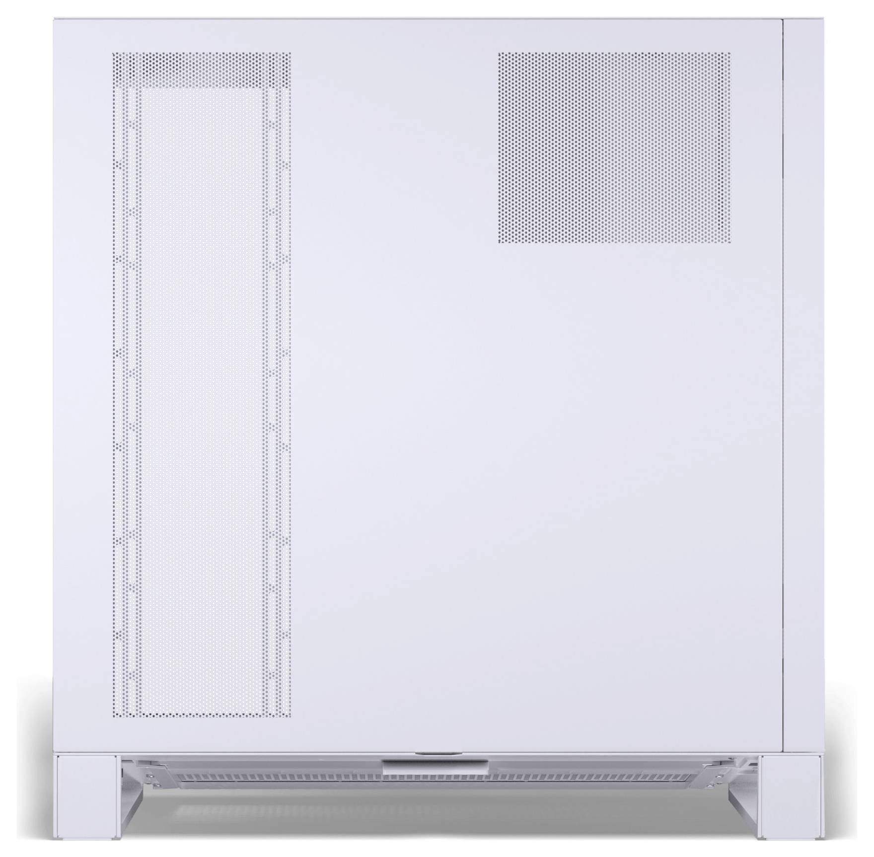 Un boîtier d'ordinateur blanc avec un panneau latéral aéré pour la ventilation, présentant un design minimaliste.