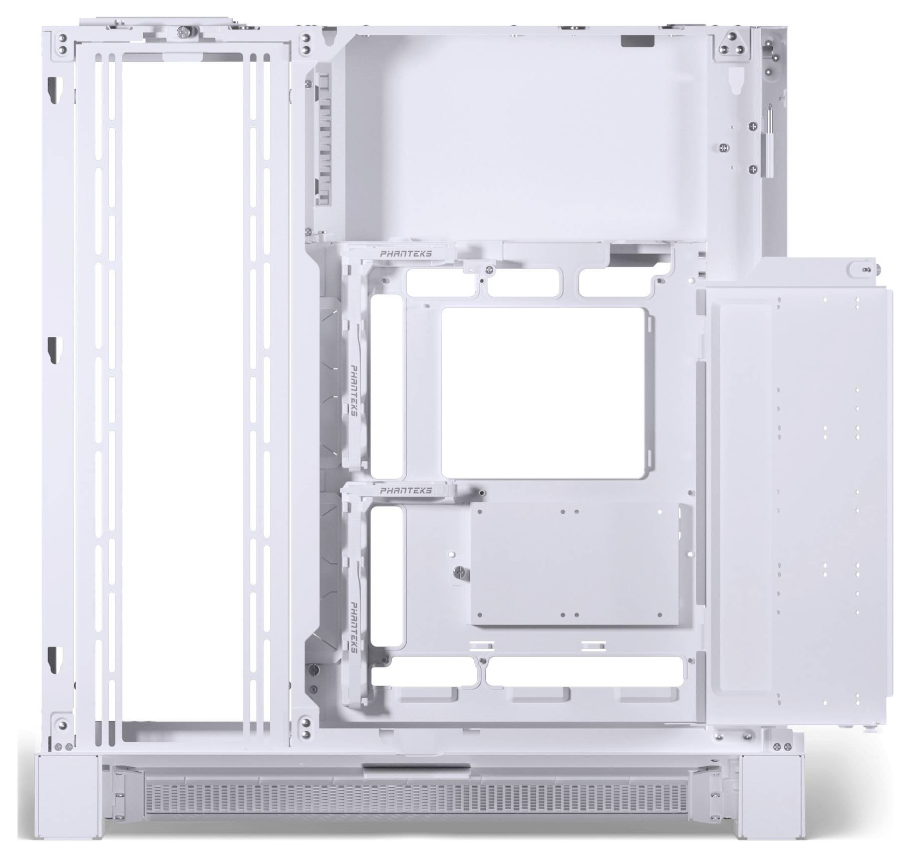 Un intérieur de boîtier d'ordinateur blanc montrant plusieurs compartiments pour composants matériels, avec des zones de montage étiquetées pour la personnalisation.