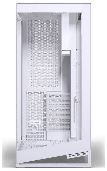 Un boîtier d'ordinateur blanc et vide de grande taille, doté d'un panneau latéral transparent, mettant en valeur de nombreux emplacements et supports pour les composants internes.