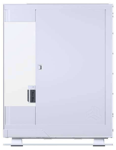 Boîtier d'ordinateur blanc élégant avec panneau latéral transparent et évents d'aération verticaux, conçu pour les configurations technologiques modernes et un refroidissement efficace.