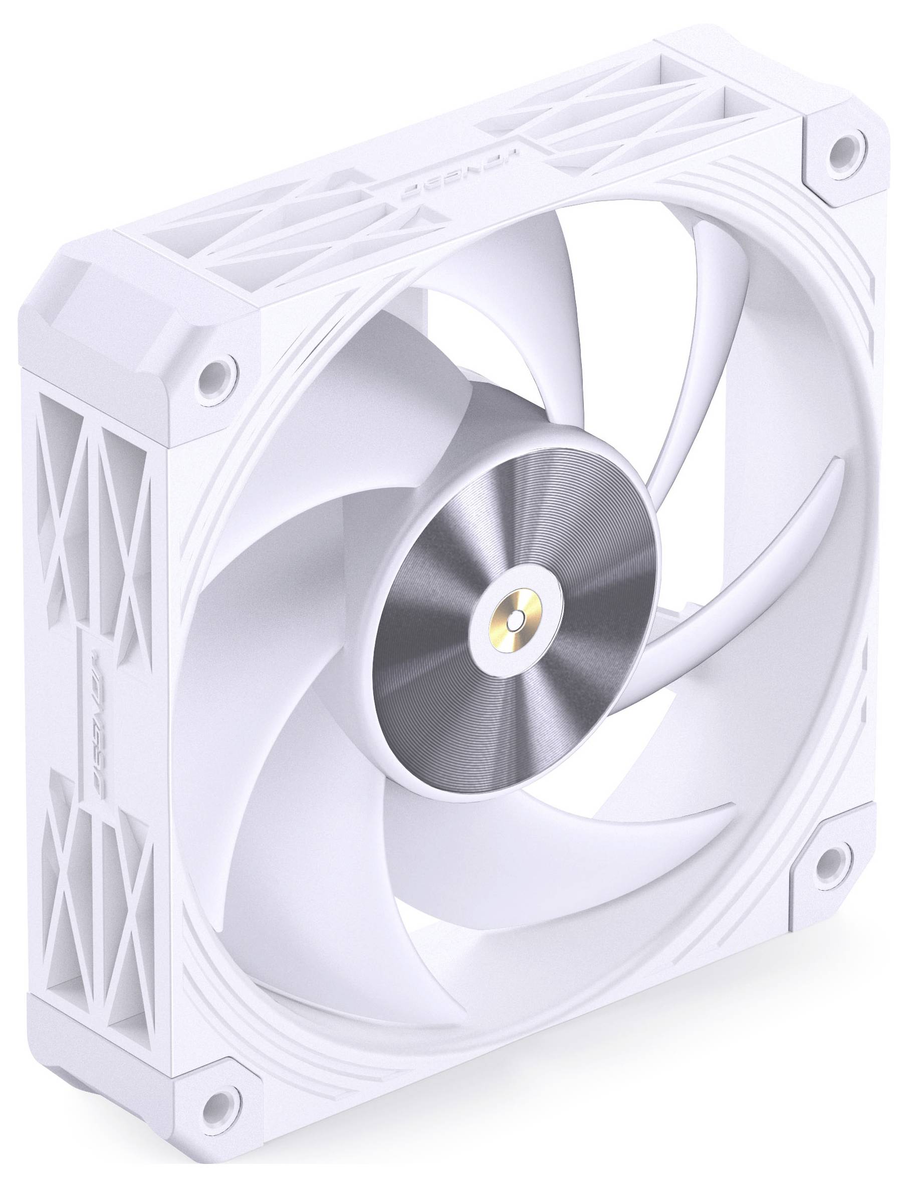 Un ventilateur de refroidissement d'ordinateur blanc avec un moyeu central en argent et des pales élégantes conçues pour un flux d'air efficace dans un boîtier PC.