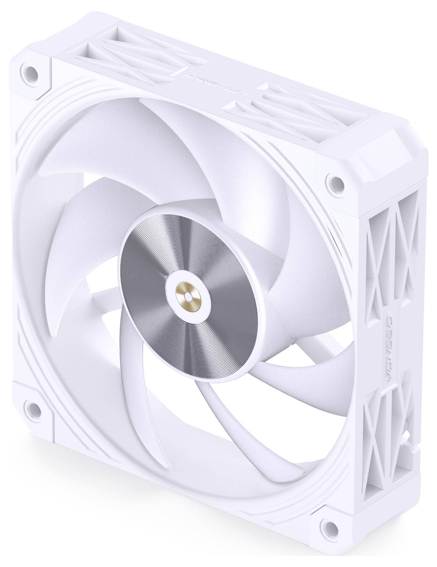 Ventilateur de refroidissement informatique blanc avec de multiples pales et un capuchon métallique circulaire au centre, conçu pour améliorer la circulation de l'air dans les appareils électroniques.
