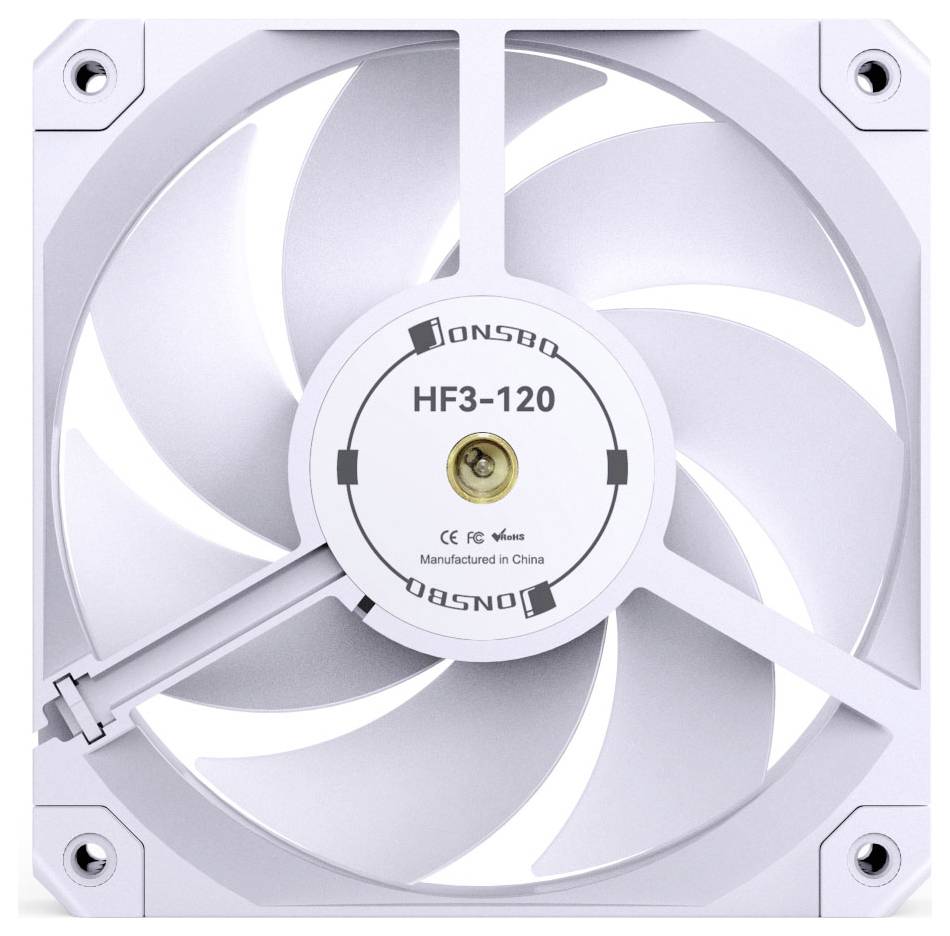 Un ventilateur de refroidissement informatique de forme carrée, blanc, avec le numéro de modèle HF3-120. Il possède des pales visibles et des spécifications techniques au centre.