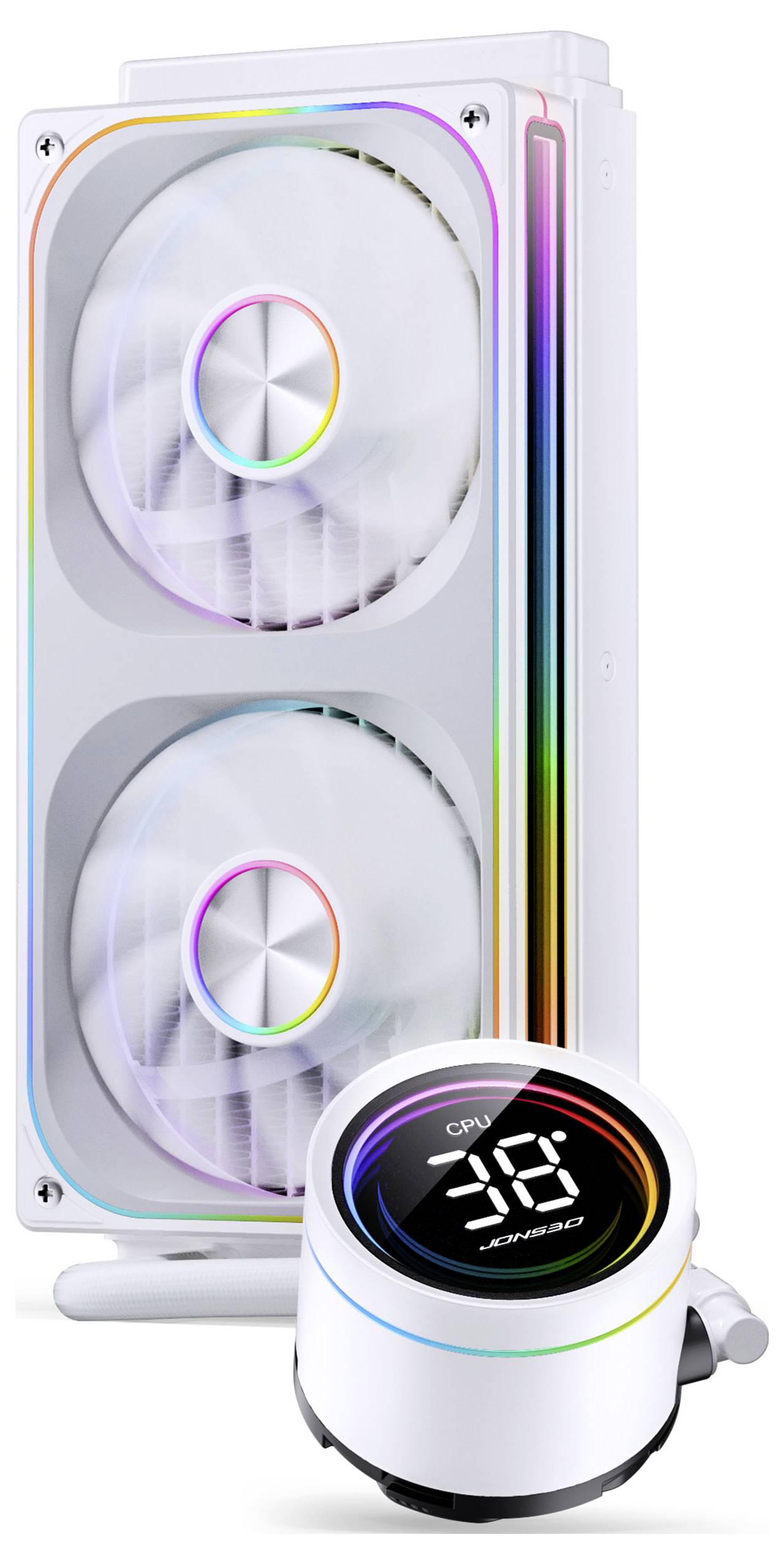 Dissipateur thermique CPU blanc à double ventilateur avec des lumières RGB scintillantes et un écran numérique affichant 'Temp CPU 30°C', indiquant les relevés de température.