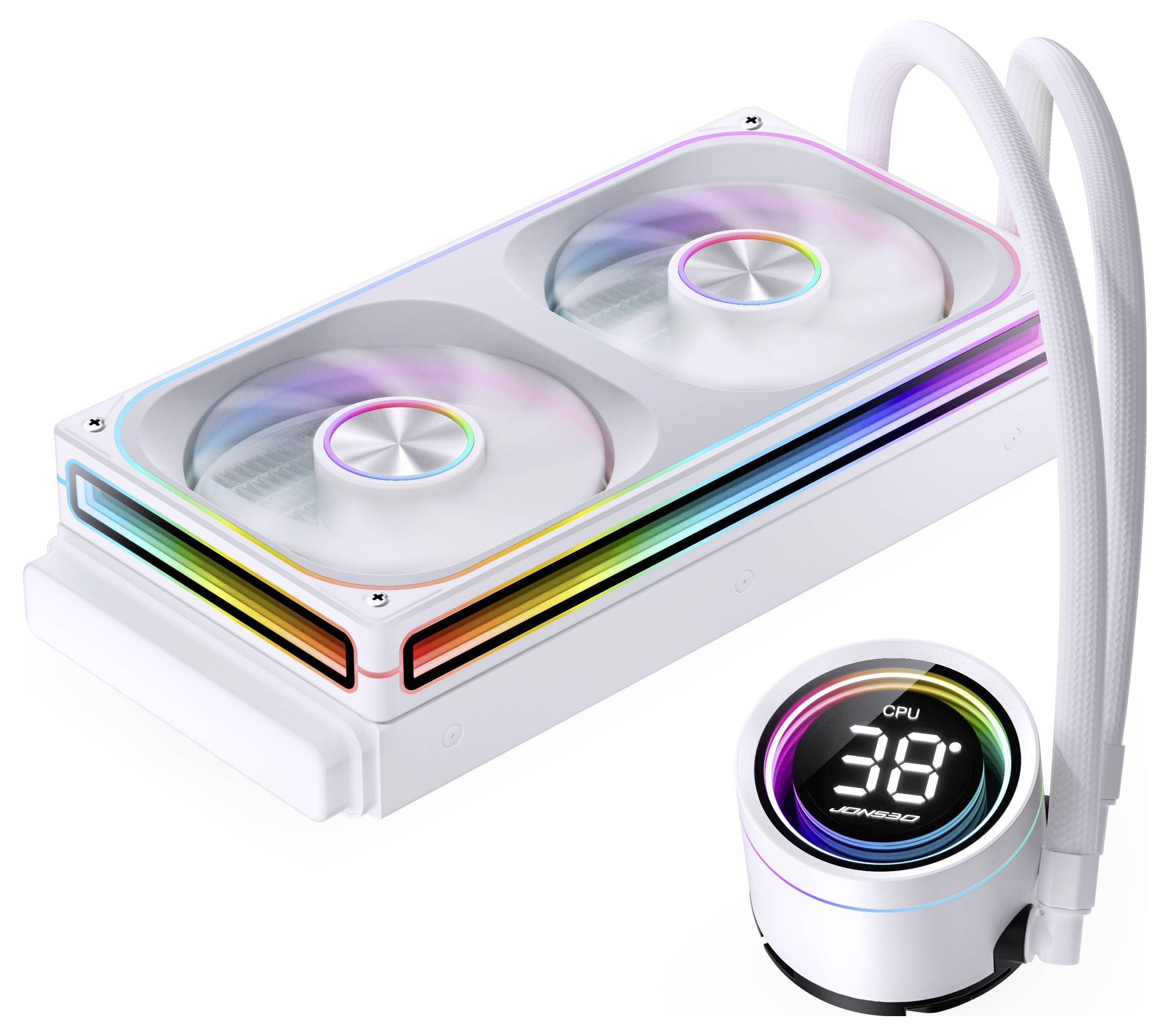 Un système de refroidissement liquide blanc pour processeur avec deux ventilateurs et éclairage RVB, affichant '36°C processeur' sur une interface numérique, indiquant la température.