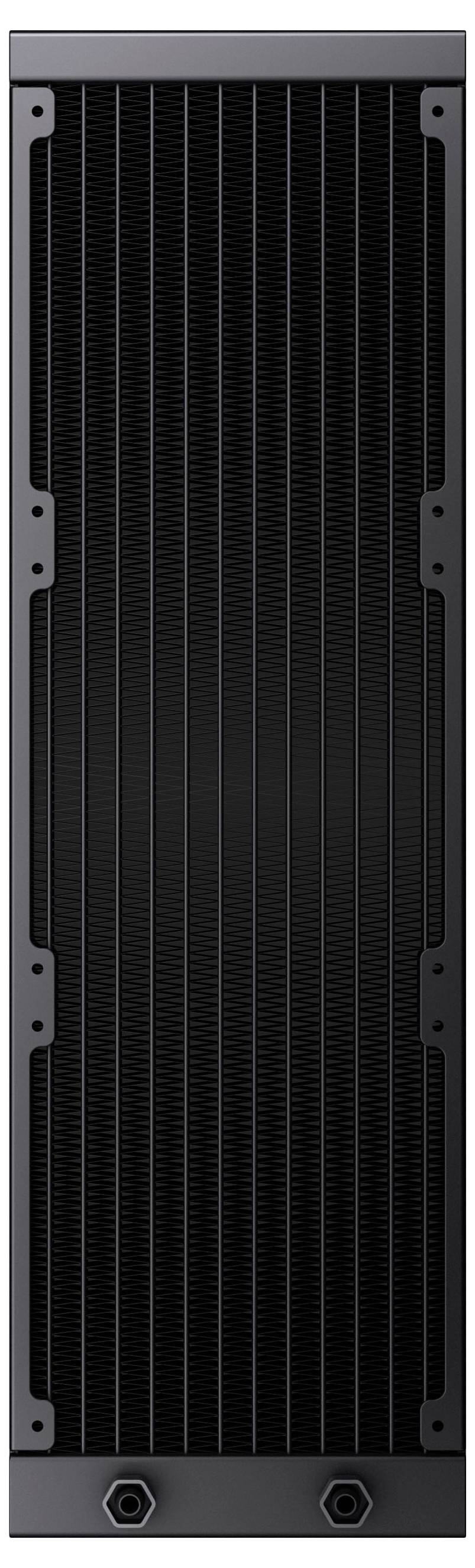 'Un radiateur de refroidissement noir, de forme haute et rectangulaire, avec un motif en grille. Visibles en bas se trouvent deux ports circulaires pour la connexion de tuyauterie.'