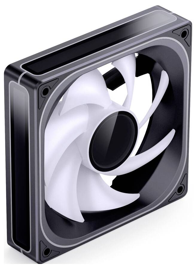Un ventilateur de refroidissement d'ordinateur carré avec des pales blanches et un cadre noir, vu sous un angle, conçu pour la circulation d'air et le refroidissement.