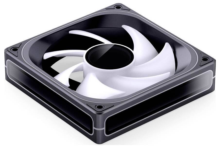 Un ventilateur de boîtier d'ordinateur avec un cadre carré noir et sept pales blanches, conçu pour refroidir les composants électroniques à l'intérieur d'un ordinateur.