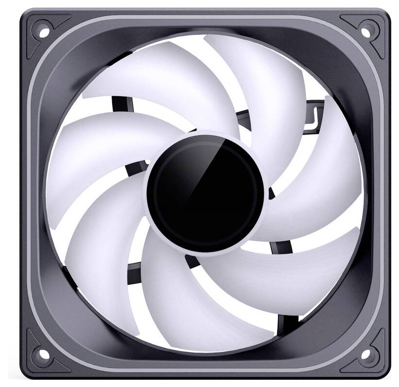 Un ventilateur de refroidissement carré pour ordinateur avec des pales blanches et un cadre noir, conçu pour dissiper la chaleur des composants informatiques.