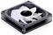 Un ventilateur de refroidissement d'ordinateur noir en forme de carré, avec des pales blanches et un centre brillant, conçu pour optimiser le flux d'air et assurer un refroidissement efficace dans les PC.