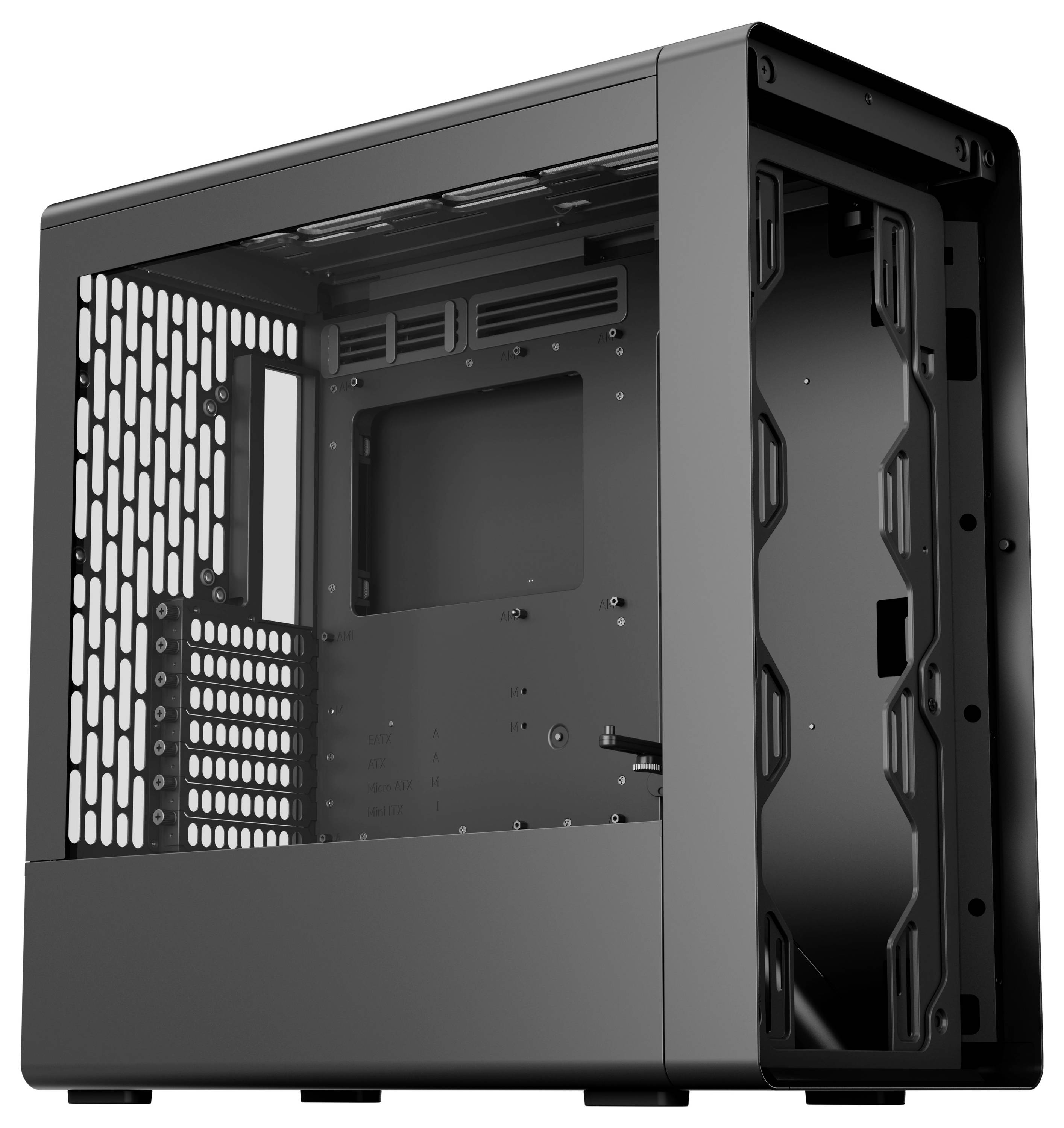 Un boîtier d'ordinateur noir avec un panneau latéral transparent mettant en valeur un intérieur vide et une façade ouverte, conçu pour mettre en avant les composants internes.
