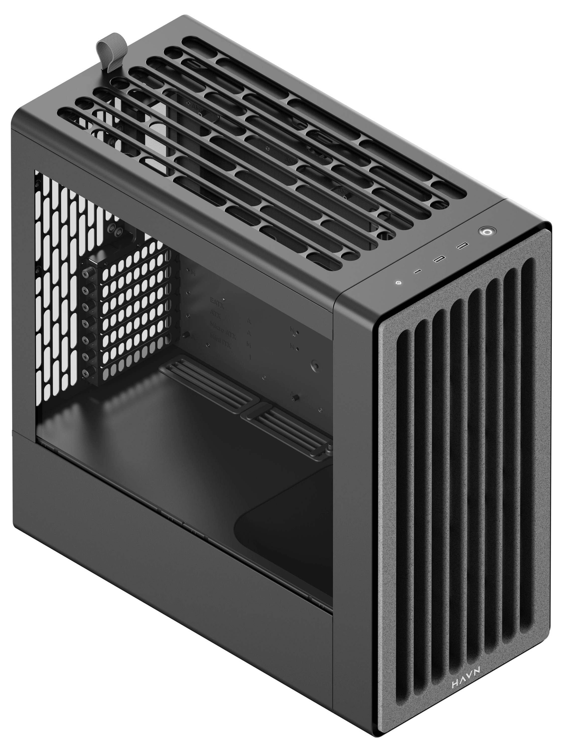 Un boîtier d'ordinateur élégant, noir, mettant en valeur des grilles de ventilation latérales et un panneau latéral transparent, conçu pour une circulation d'air optimale et une esthétique moderne.