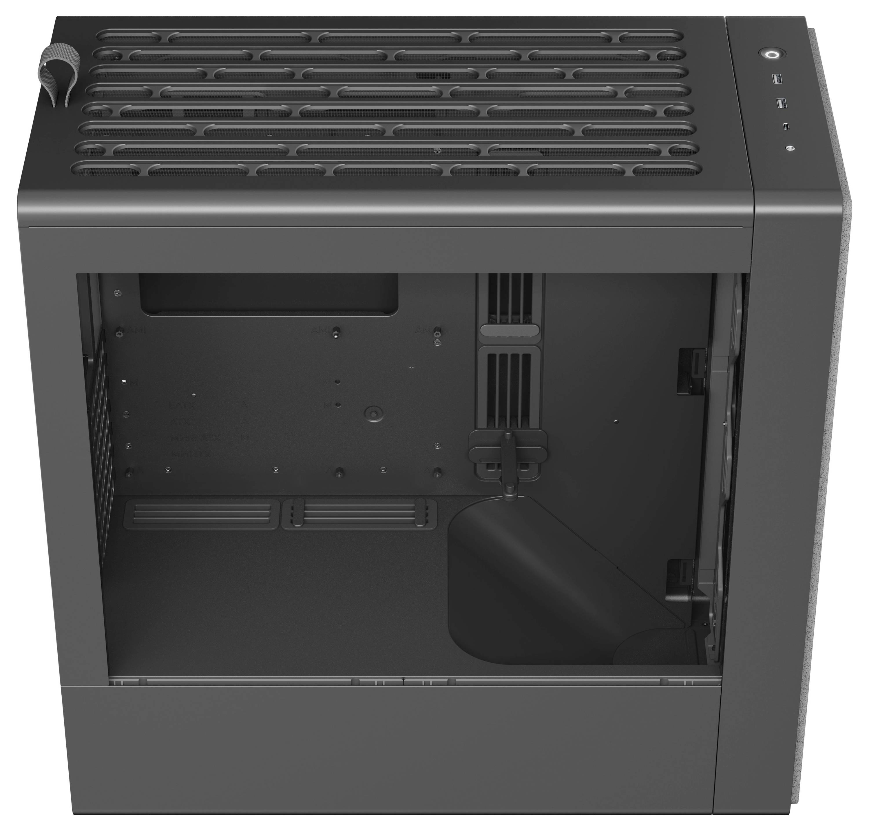 Un boîtier d'ordinateur noir ouvert et vide, vu du dessus, montrant les emplacements pour les composants et les grilles de ventilation sur le dessus.