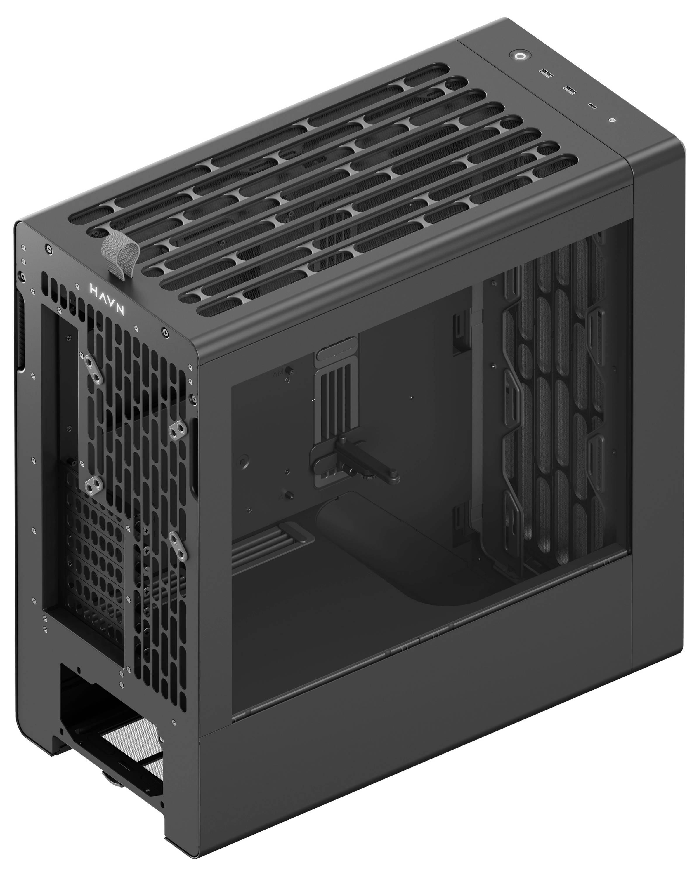 Un boîtier d'ordinateur noir rectangulaire avec un dessus en maille, un panneau de ventilation avant et un écran sur le panneau latéral, permettant une visibilité de l'intérieur.