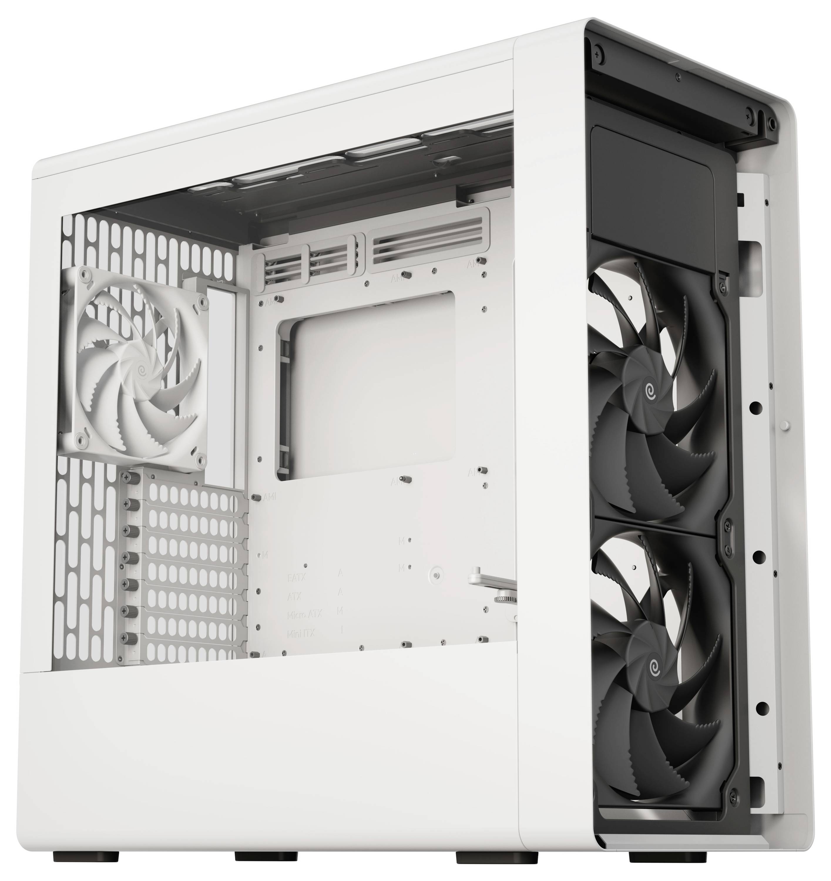 Un boîtier d'ordinateur blanc avec trois ventilateurs de refroidissement visibles et un panneau latéral ouvert, révélant l'espace pour les composants et la gestion des câbles.