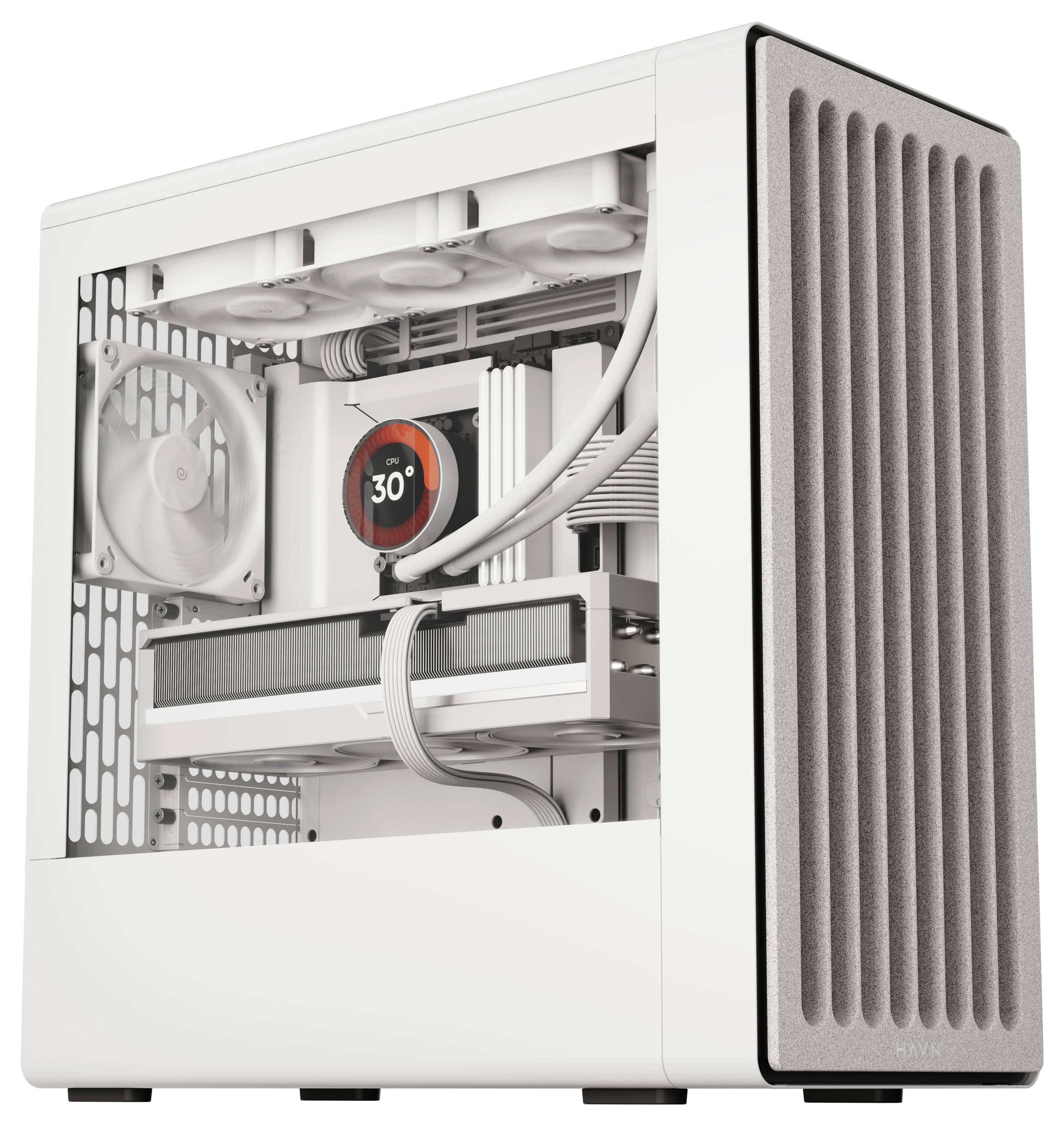 Un boîtier d'ordinateur blanc élégant et moderne, doté de ventilateurs de refroidissement apparents et un affichage numérique de température indiquant '30°'.